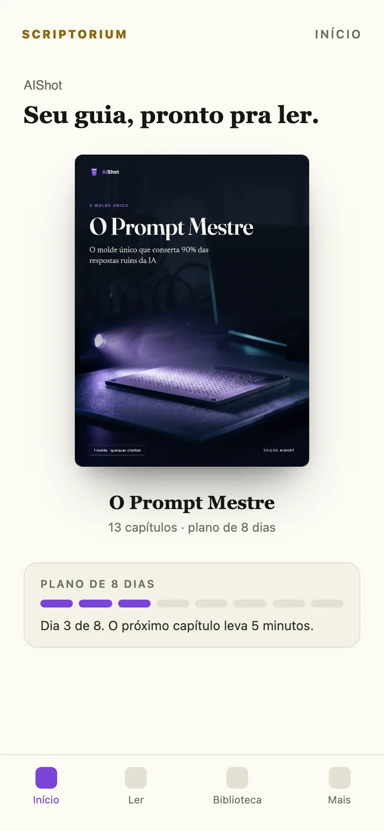 Capa do app: o ebook O Prompt Mestre aberto na tela Início, com o plano de 8 dias