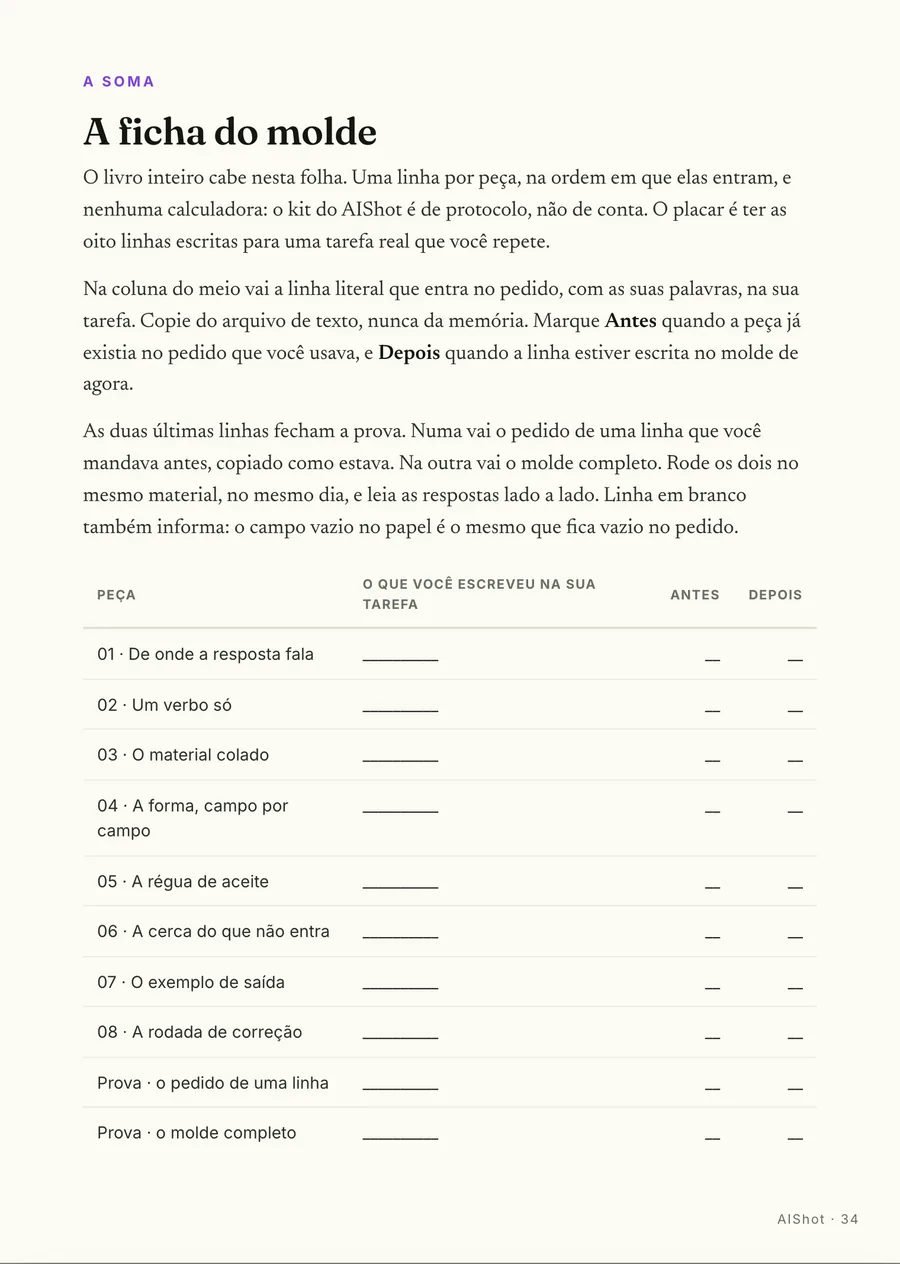 A ficha: A ficha do molde: uma linha por peça, com a prova do antes e depois